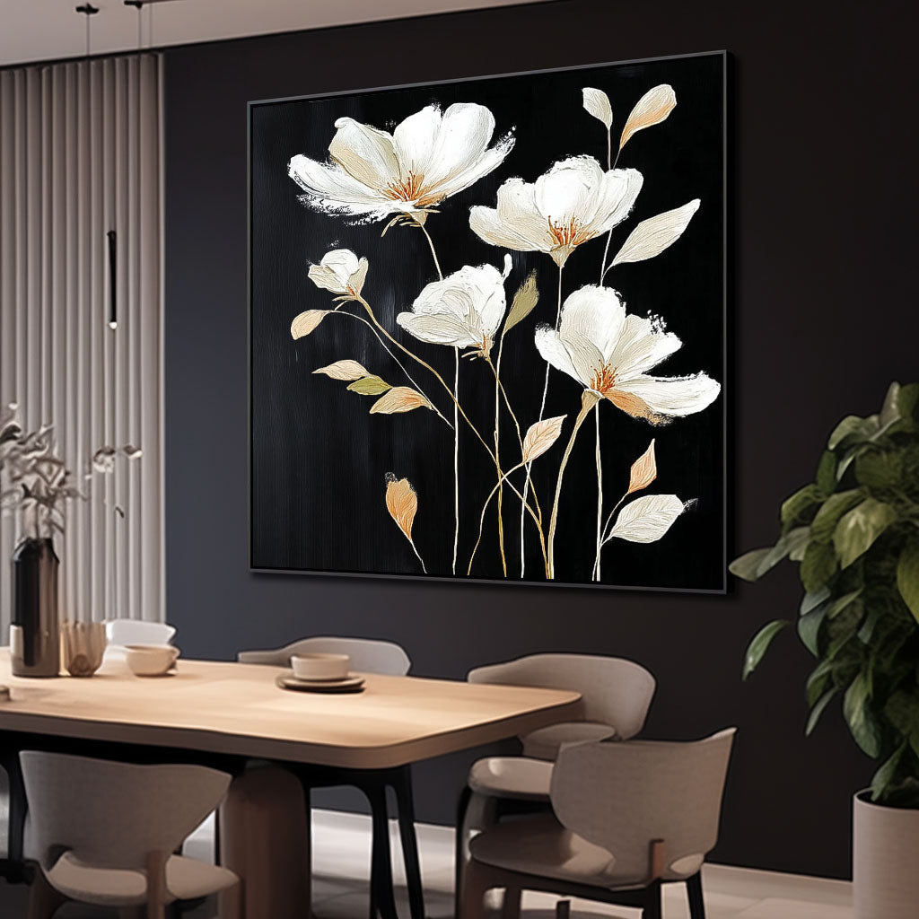 Black Original Artwork Texture Plant Wall Art Large White Flower Abstract Oil Painting Canvas Home Decor