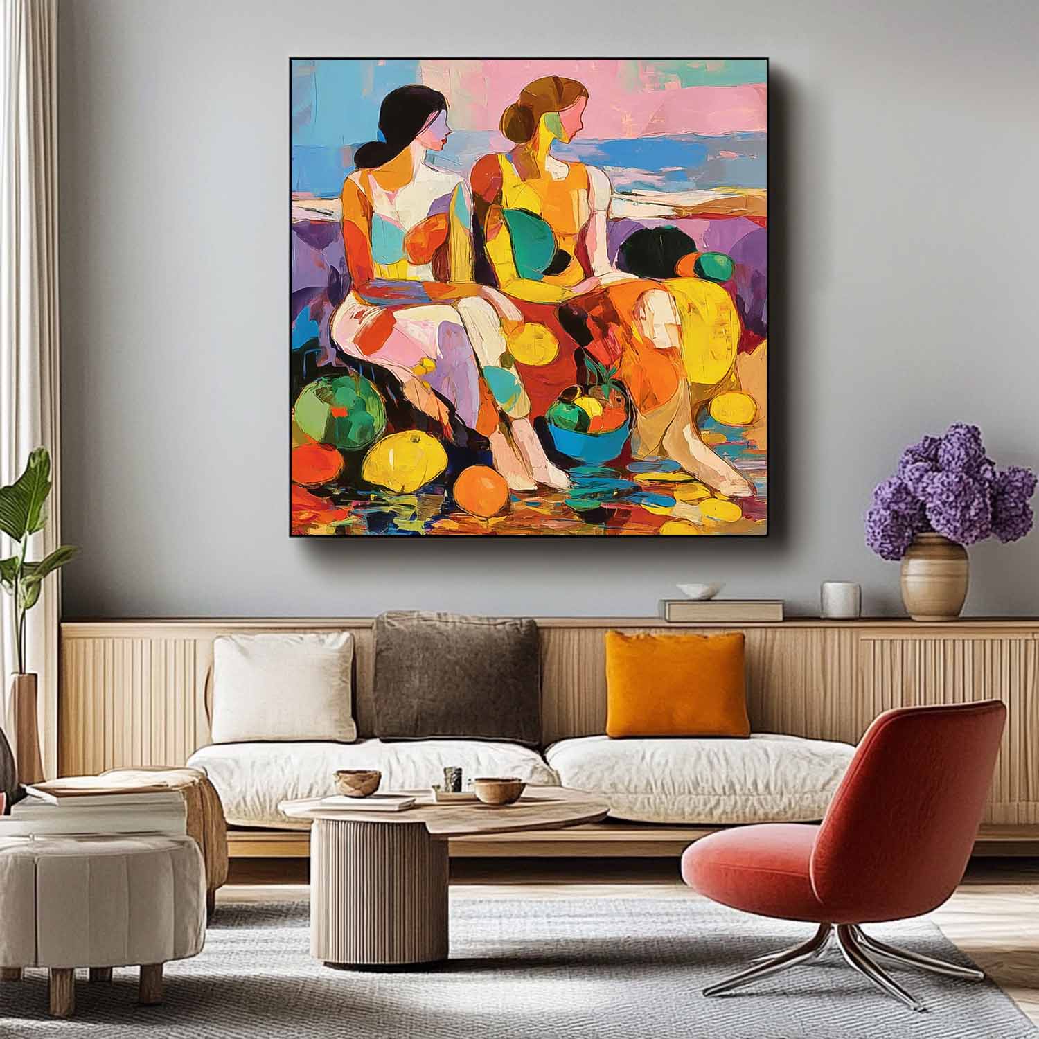 Large Colorful Abstract Women Painting Square Fruit Still Life Wall Art Original Figure Artwork