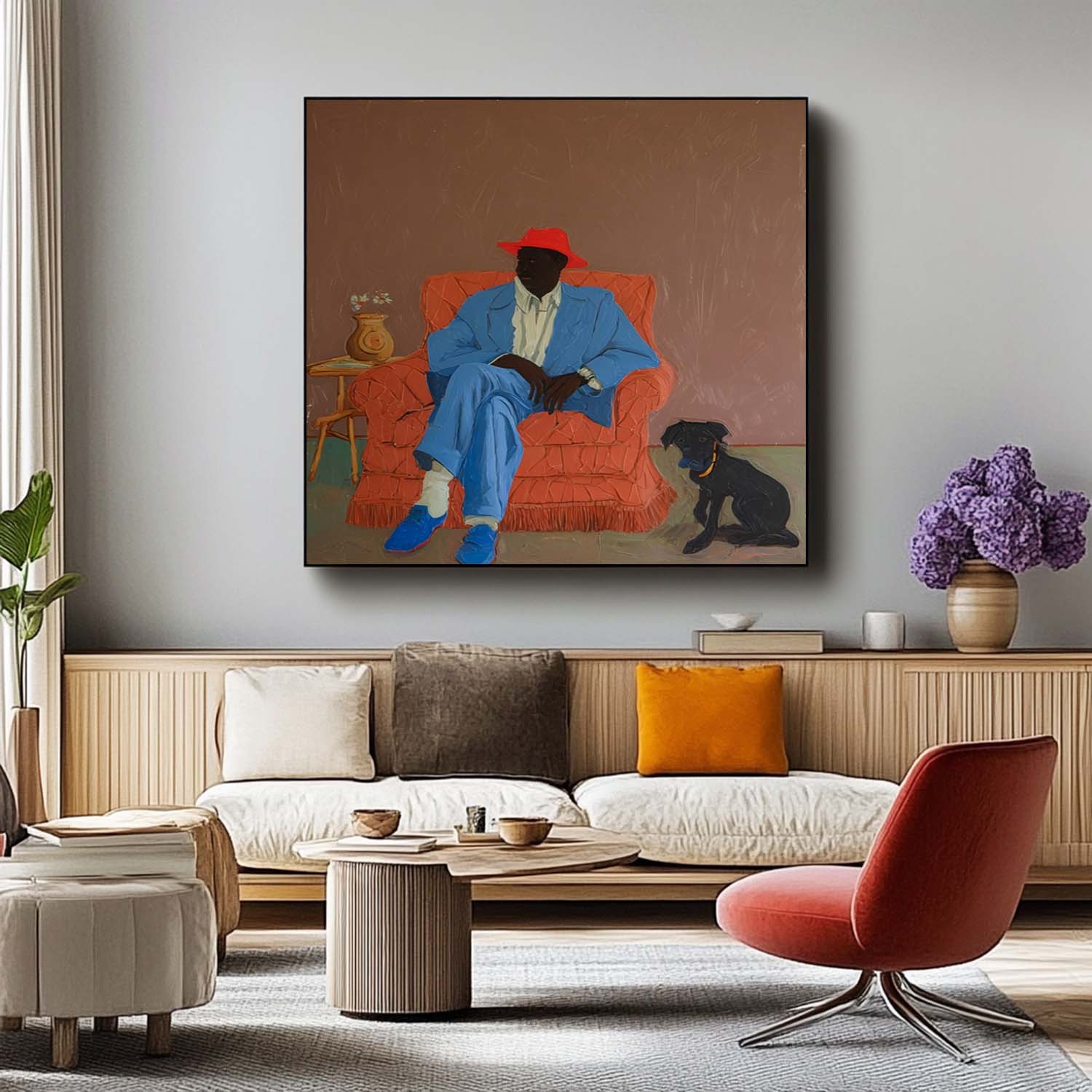 Retro-Style Portrait Oil Painting Man In Red Hat & Blue Suit With Dog Original Warm-Toned Canvas Art Wall Decor