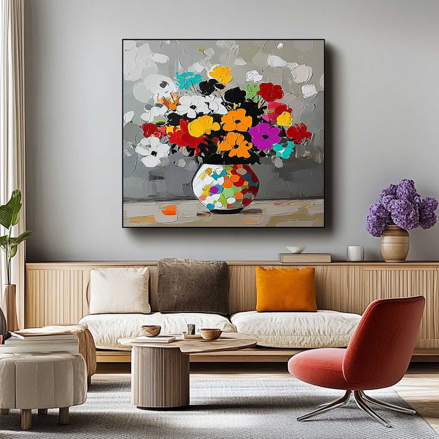 Original Flower Square Vase Artwork Floral Texture Painting on Canvas Large Color Handmade Wall Art