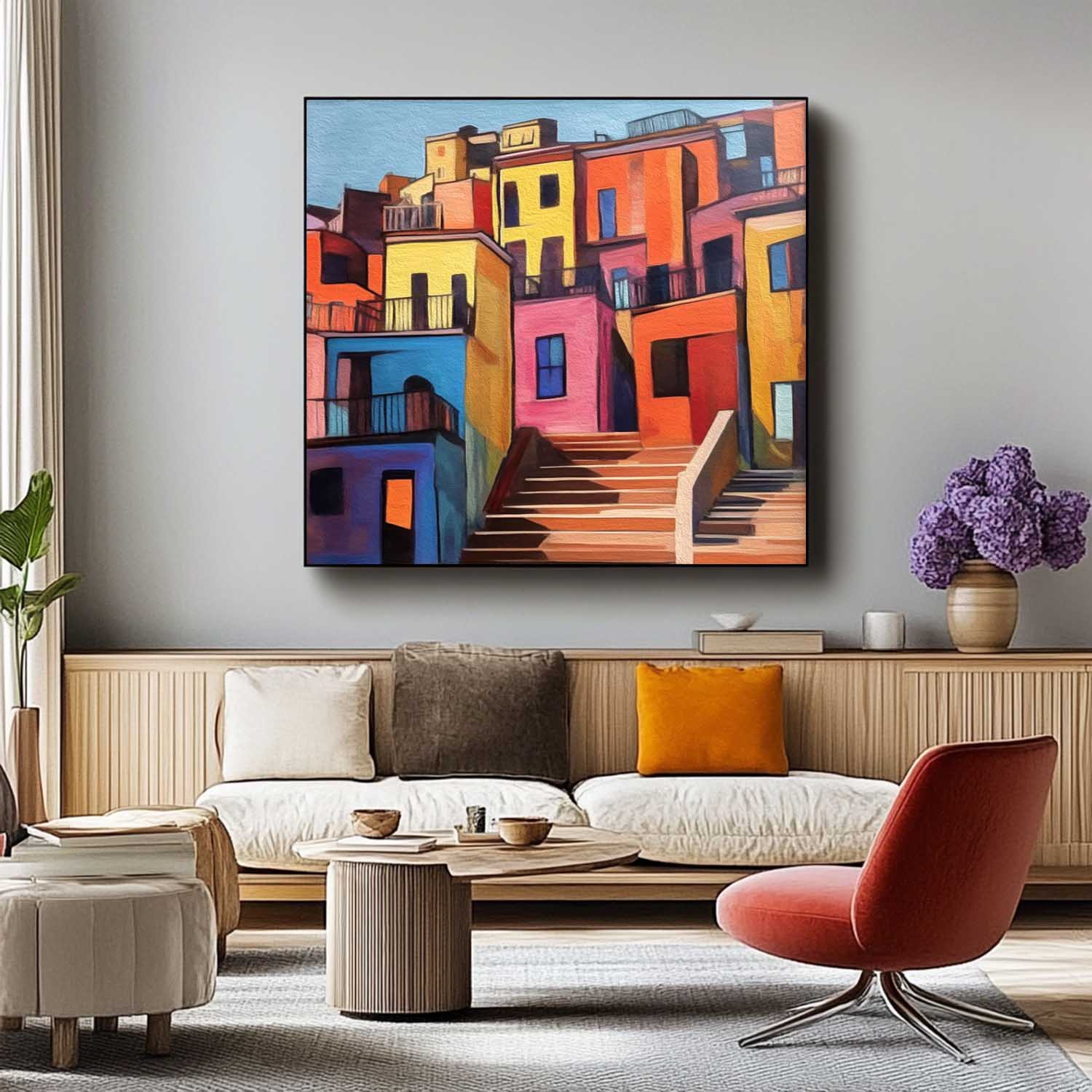 Modern Colorful House Oil Painting Large Acrylic painting Original Architecture Wall Art Home Decor
