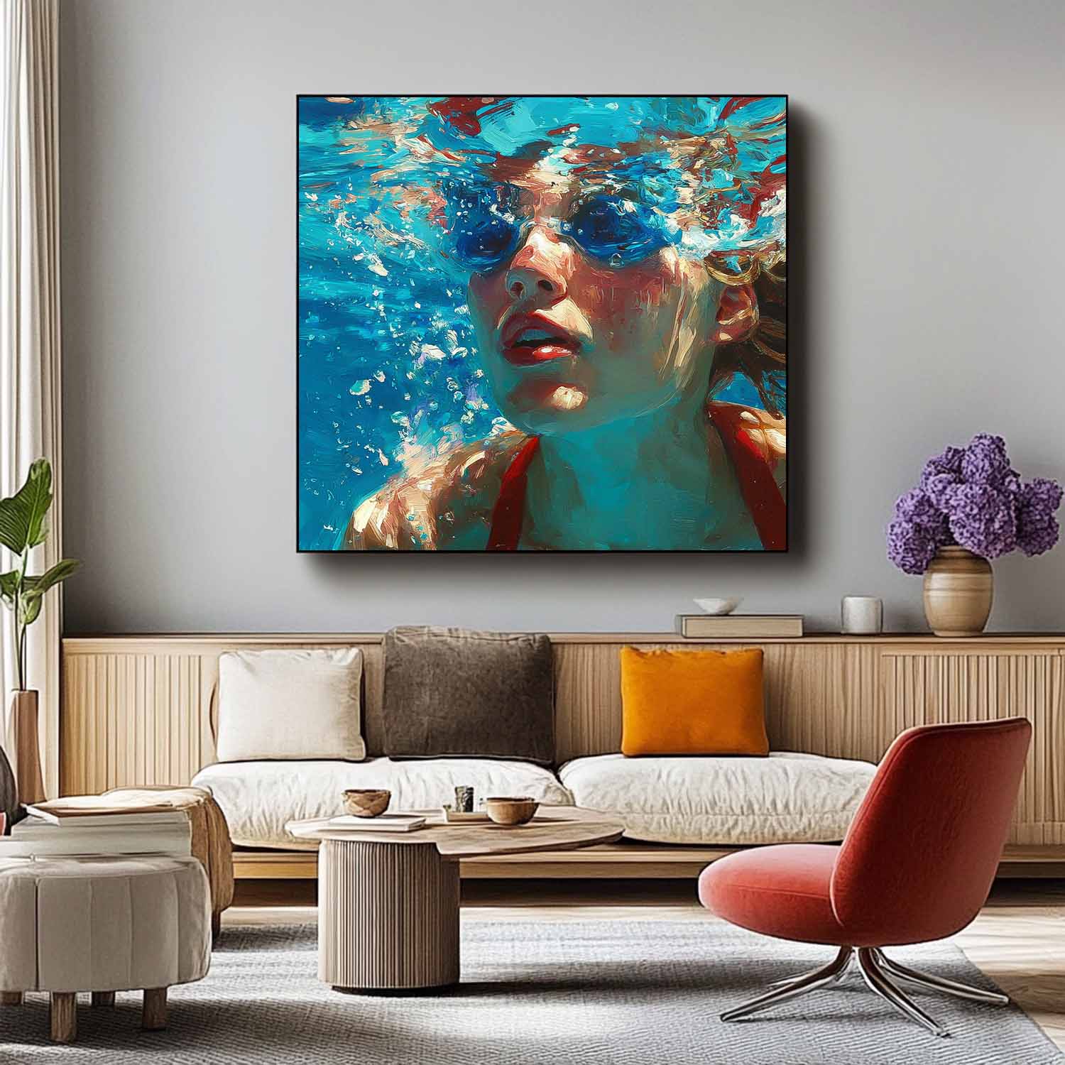 Original Woman swimming Wall Art Lady Artwork Square Diving In Ocean Girl Acrylic Painting Home Decor