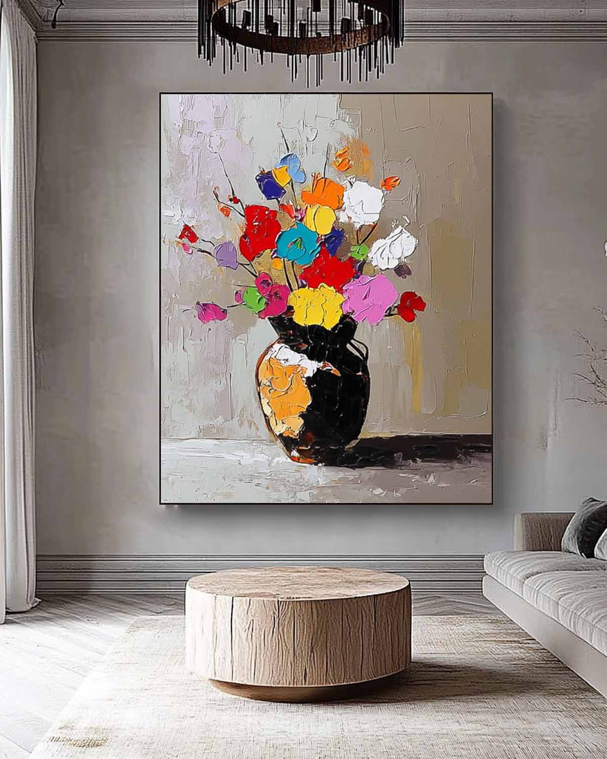 Color Flowers Acrylic Painting Canvas Original Floral Painting Large Textured Vase Art For Living Room