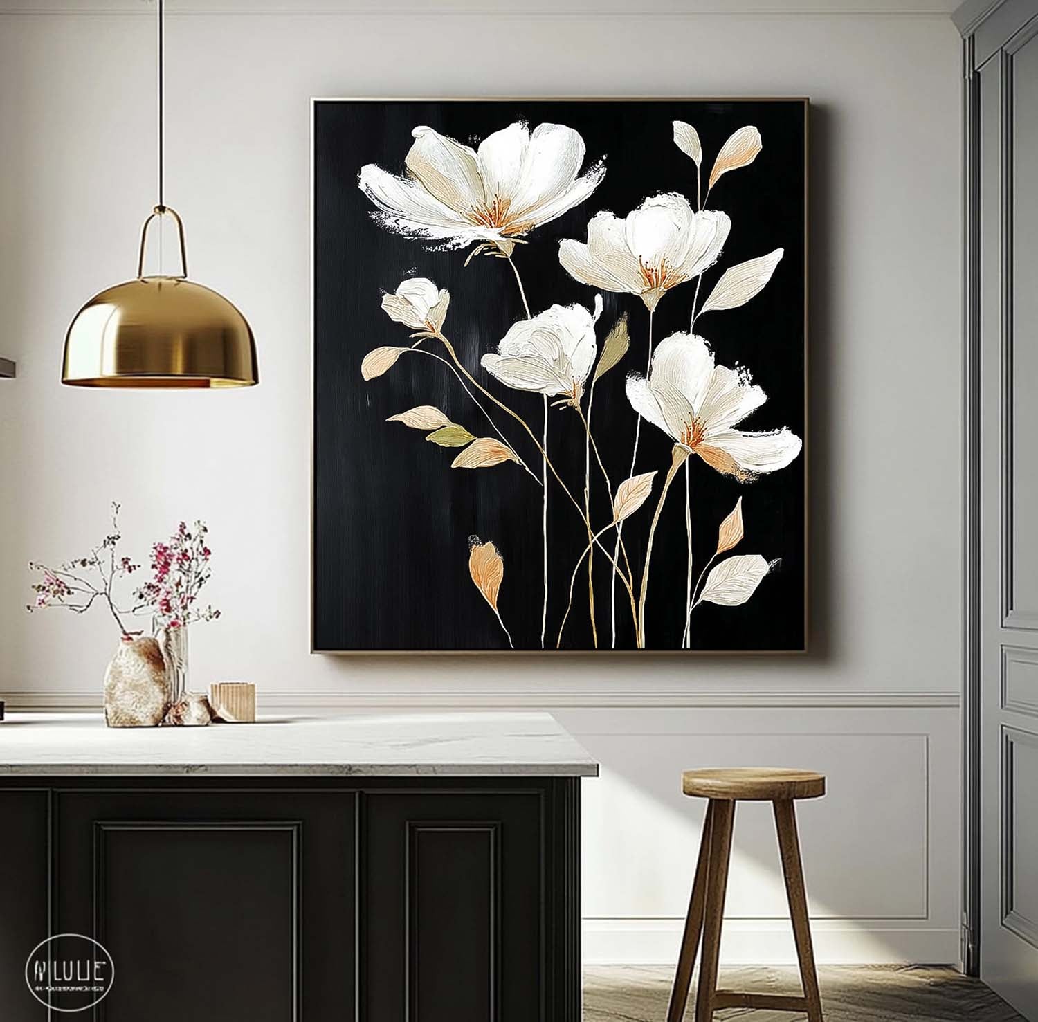Black Original Artwork Texture Plant Wall Art Large White Flower Abstract Oil Painting Canvas Home Decor