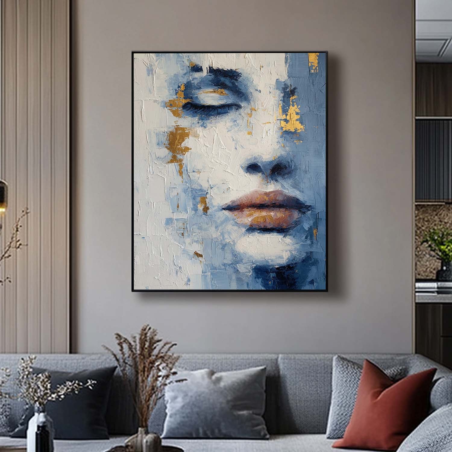Abstract Portrait Painting Modern Blue & Gold Toned Impasto Wall Art Contemporary Minimalist Face Artwork
