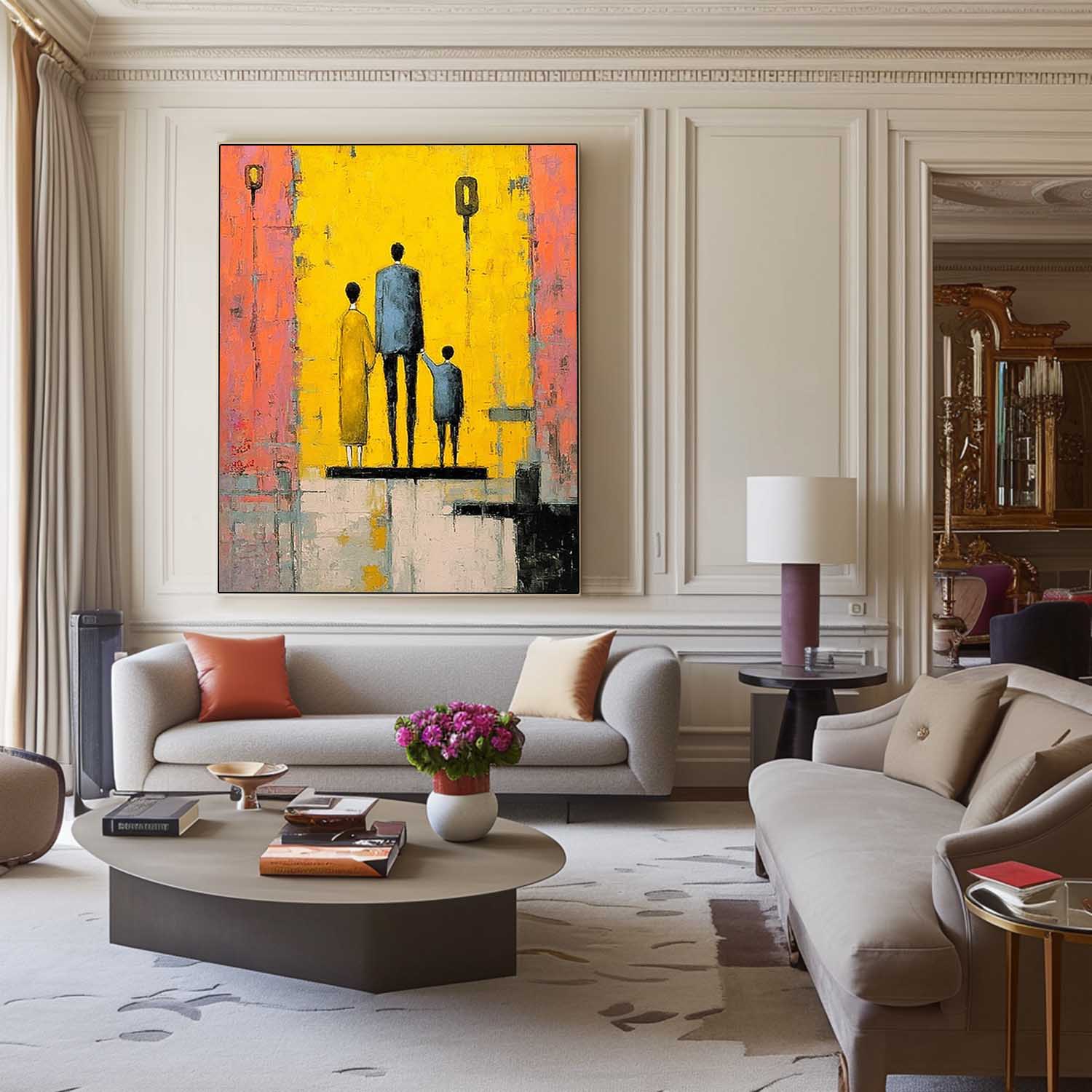 Modern Neutral Background Framed Minimalist Family Wall Art Original City Silhouette Oil Painting 