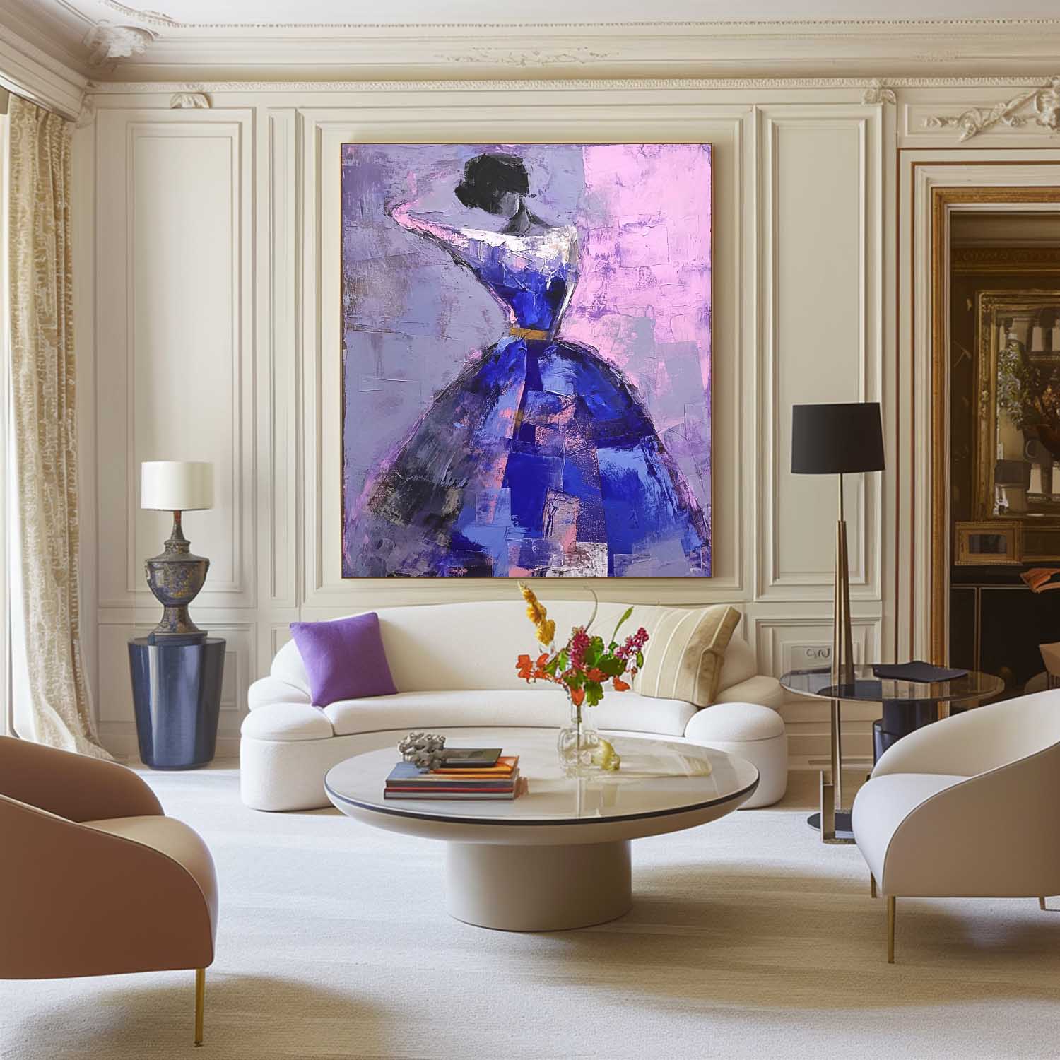 Original Purple Acrylic Painting Canvas Large Elegantly Lady Artwork Abstract Woman Wall Art Framed
