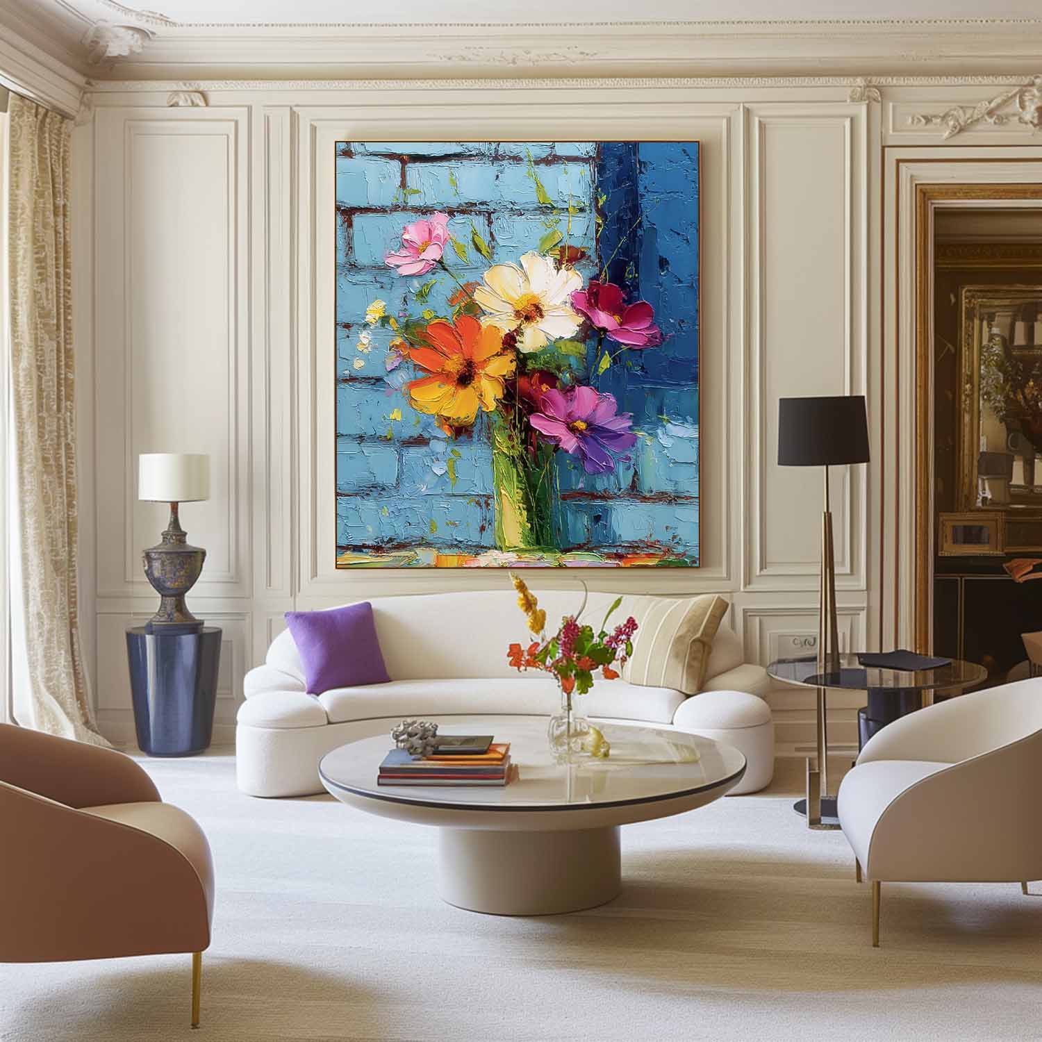 Vertical Textured Floral Oil Painting Modern Impasto Wildflowers Wall Art 3D Palette Knife Floral Decor