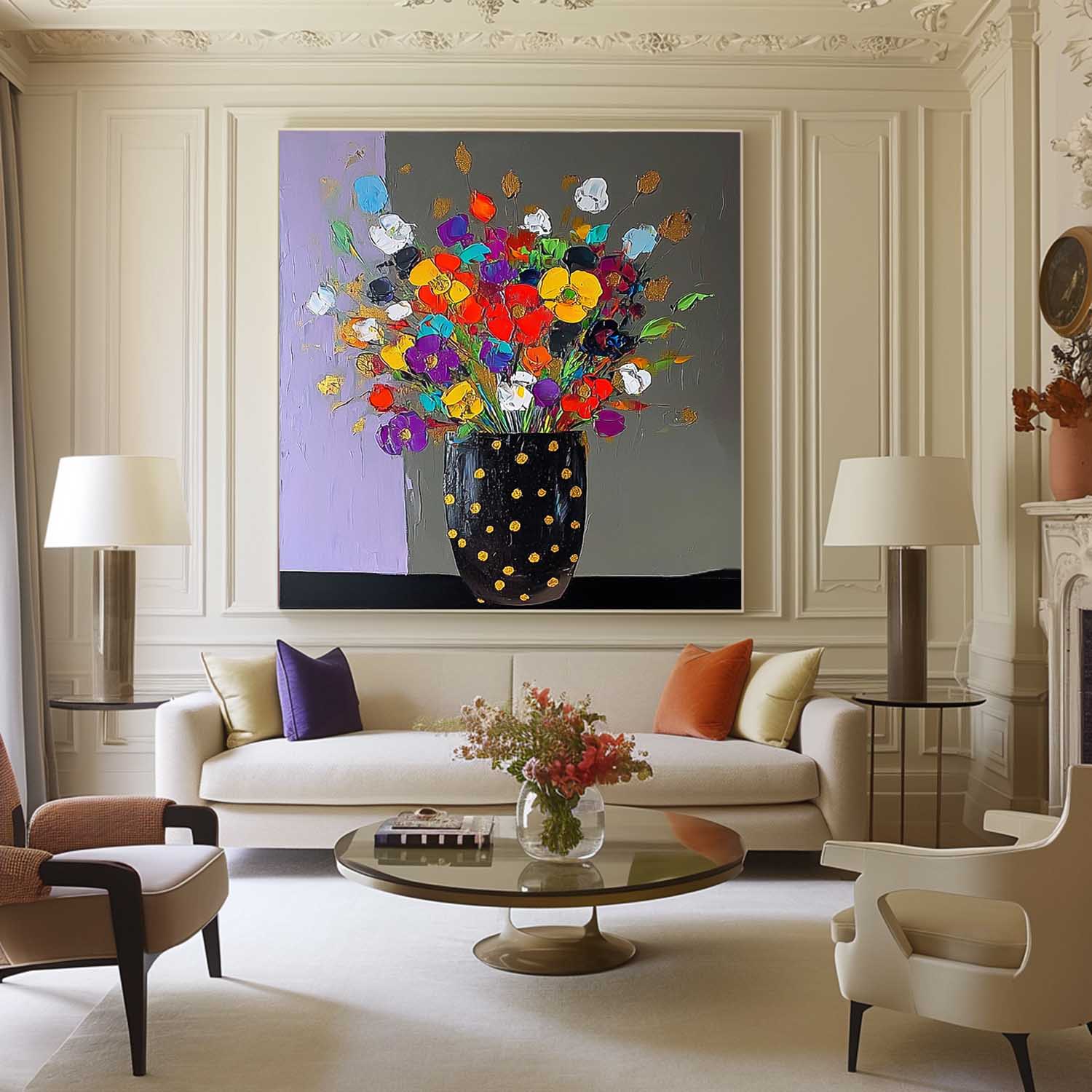 Large Color Handmade Wall Art Original Flower Square Vase Artwork Floral Texture Painting on Canvas