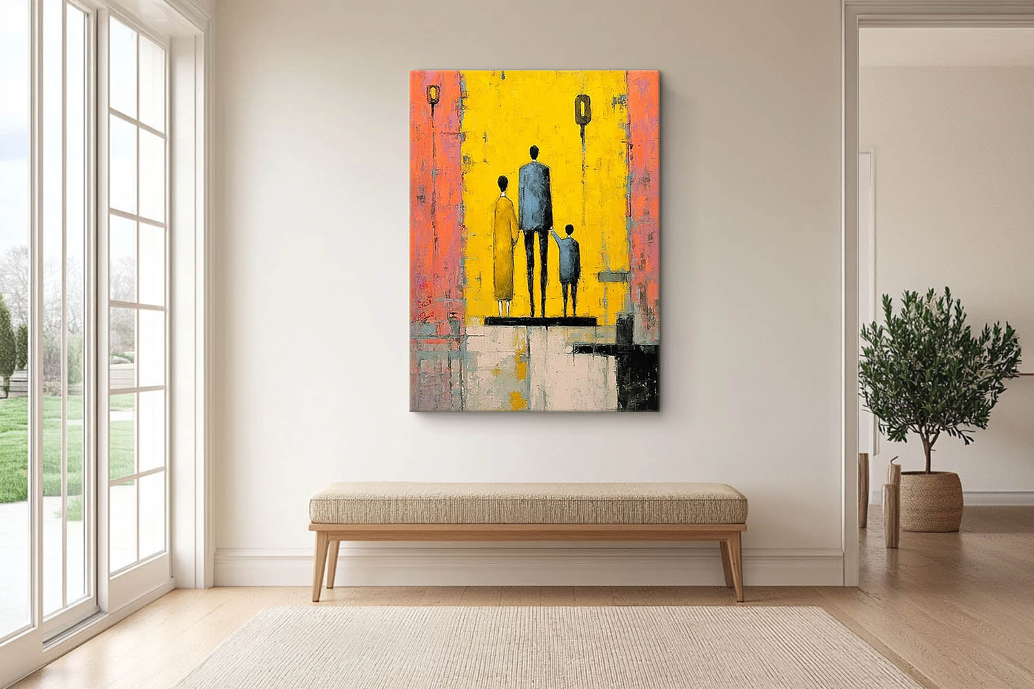 Modern Neutral Background Framed Minimalist Family Wall Art Original City Silhouette Oil Painting 