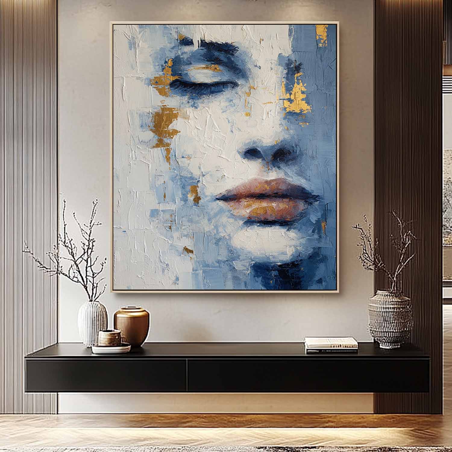 Abstract Portrait Painting Modern Blue & Gold Toned Impasto Wall Art Contemporary Minimalist Face Artwork