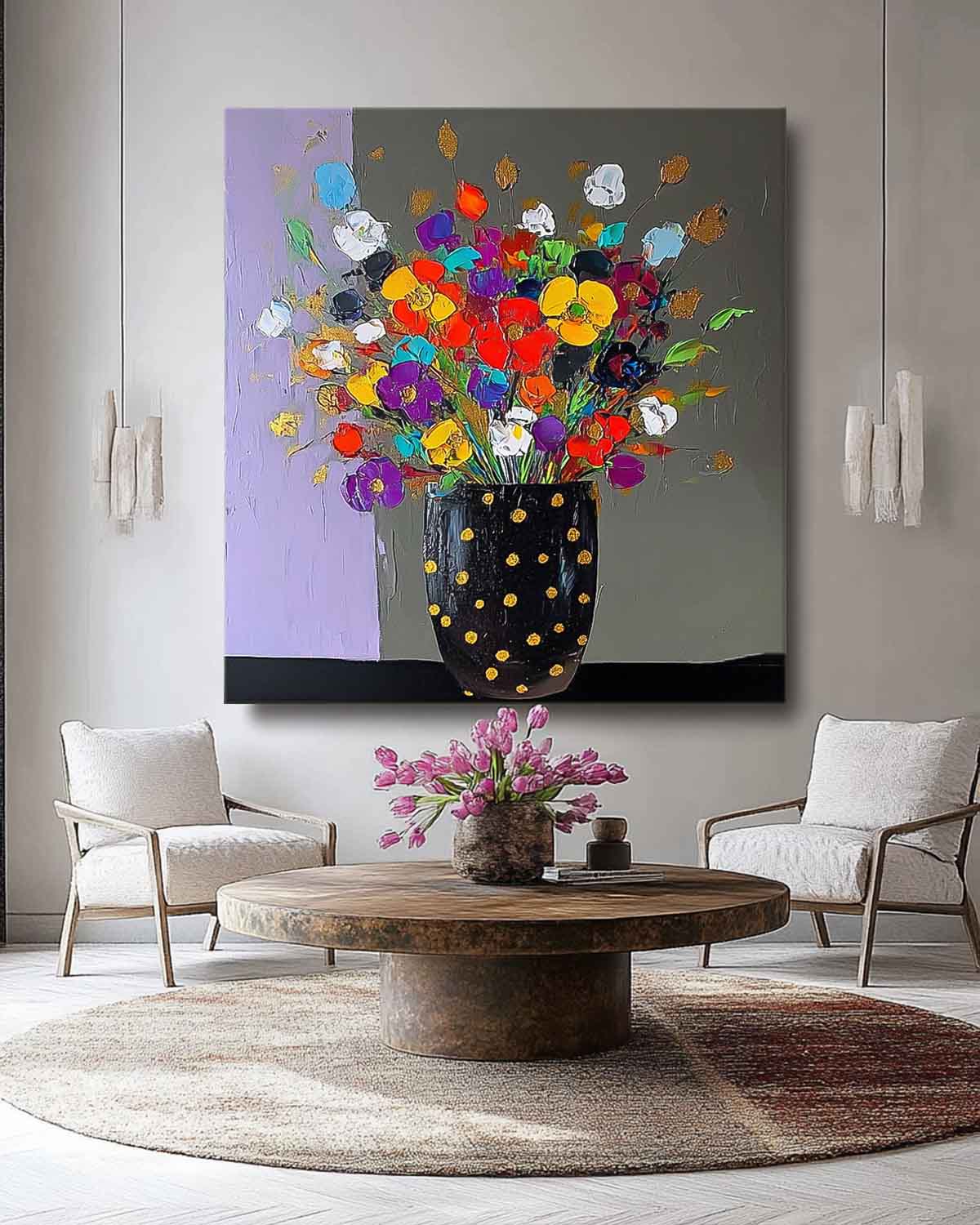 Large Color Handmade Wall Art Original Flower Square Vase Artwork Floral Texture Painting on Canvas