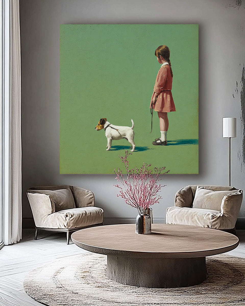 Minimalist Girl Walking The Dog Painting Green Grassland Wall Art Abstract Warm And Peaceful atmosphere