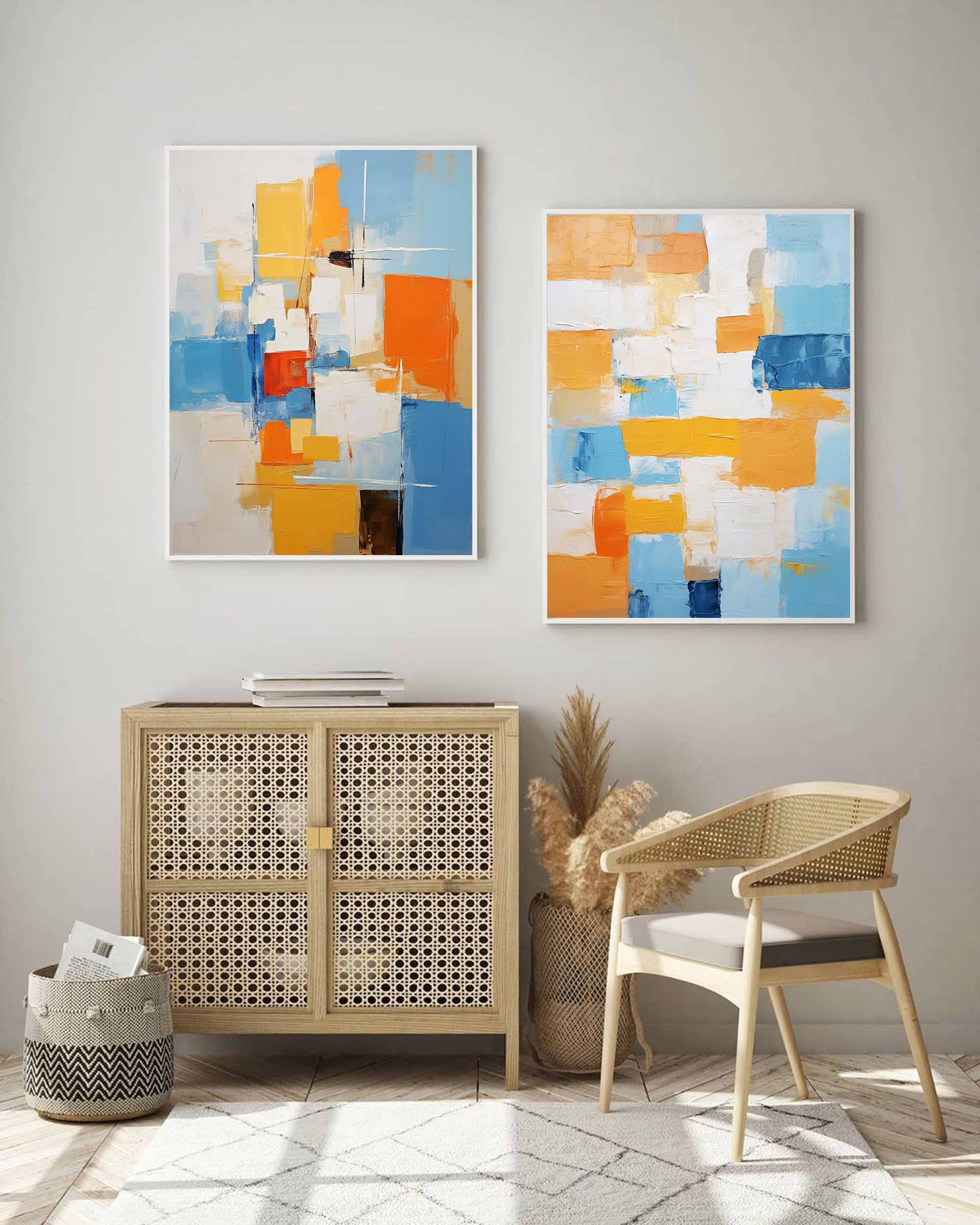 Set of 2 Blue And Yellow Large Abstract Geometry Oil Painting Modern Wall Art Original Texture Oil Painting Living Room Decor