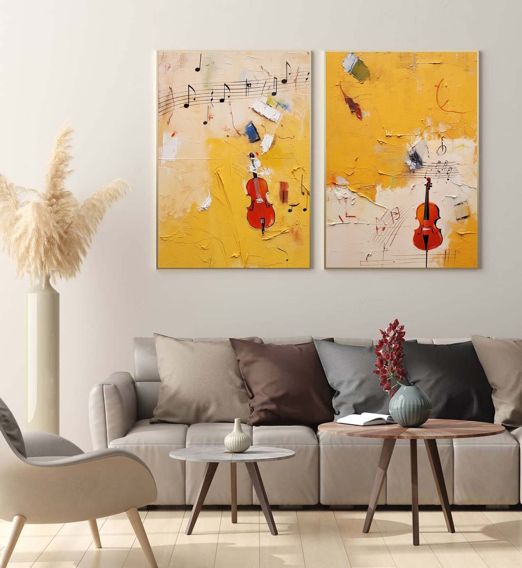 Set of 2 Bright Yellow Abstract Graffiti Oil Painting Modern Wall Art Large Original Acrylic Painting Living Room Decor