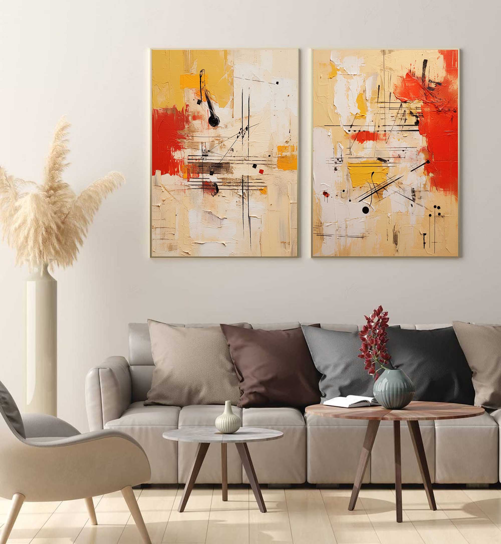 Set of 2 Large Original Music Note Graffiti Acrylic Painting Vibrant Yellow Abstract Graffiti Oil Painting Modern Wall Art Living Room Decor