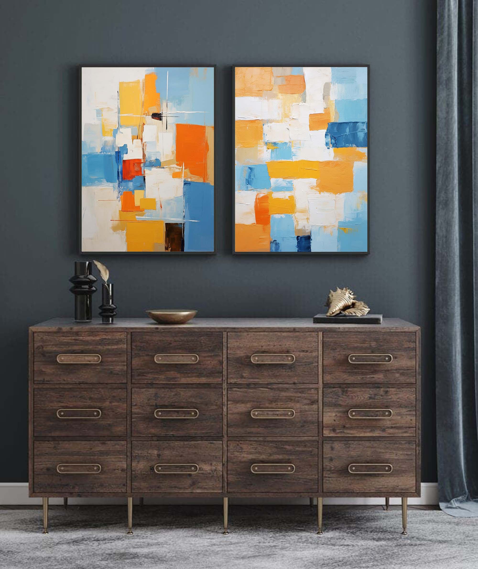 Set of 2 Blue And Yellow Large Abstract Geometry Oil Painting Modern Wall Art Original Texture Oil Painting Living Room Decor