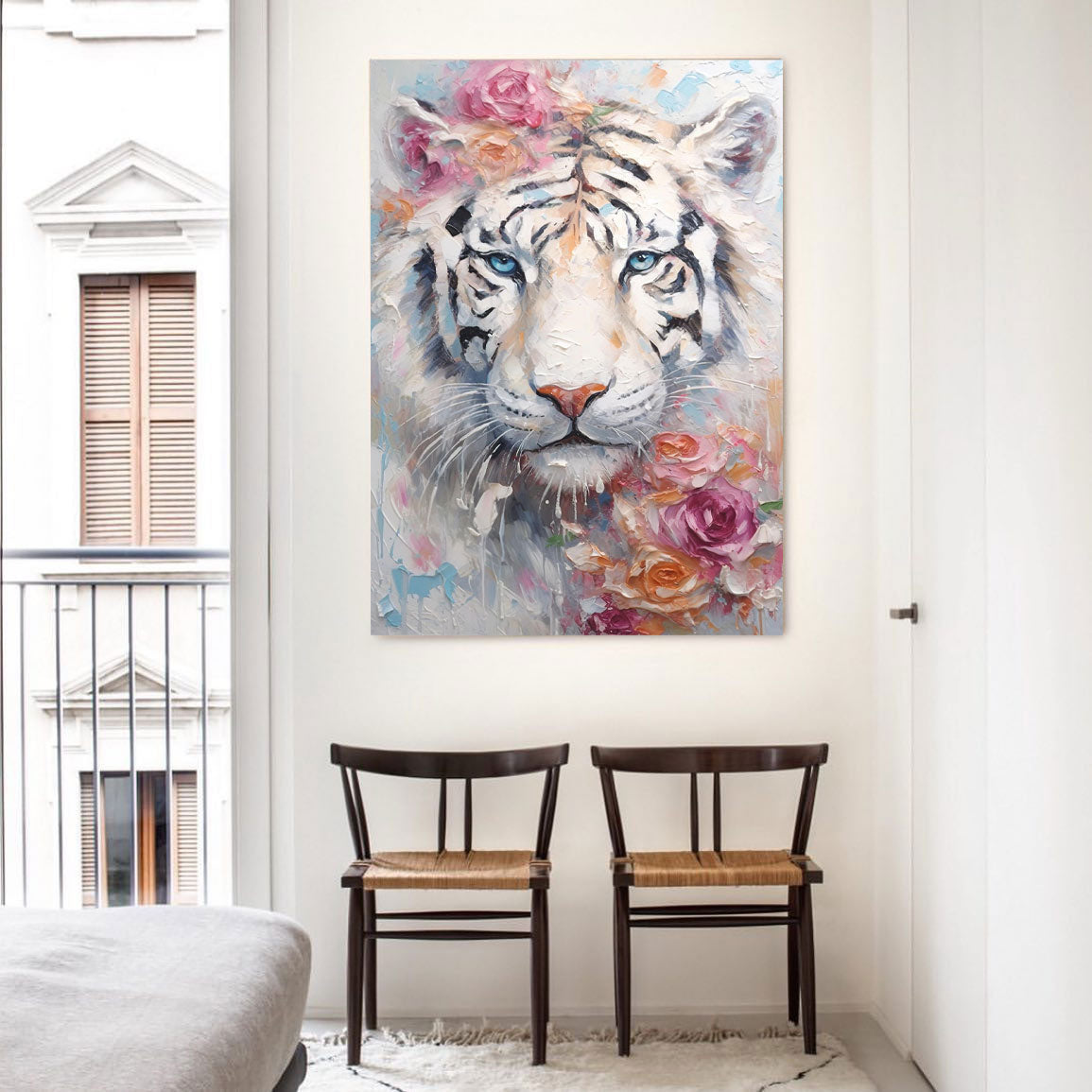 Impressionist White Tiger Oil Painting Textured Flowers And Tiger Canvas Wall Art Modern Animal Oil Painting Framed Living Room Decor