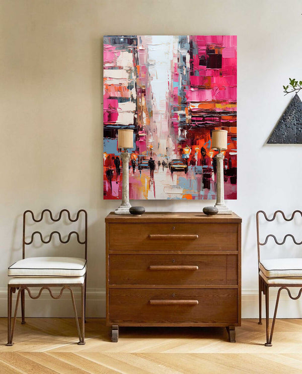 Large Pink Abstract Cityscape Oil Painting On Canvas Original Urban Scene Art Modern Colorful Wall Art Living Room