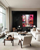 Large Pink Abstract Cityscape Oil Painting On Canvas Original Urban Scene Art Modern Colorful Wall Art Living Room