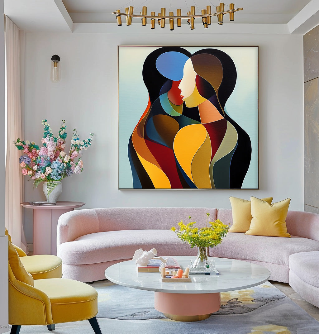 Original Figure Acrylic Painting Canvas Colorful Lovers Abstract Wall Art Square Large Portrait Artwork