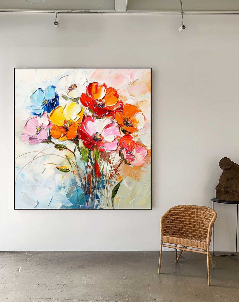 Thick Texture Acrylic Painting Lovely Colorful Original Flowers Abstract Wall Art Modern Floral Oil Painting Canvas