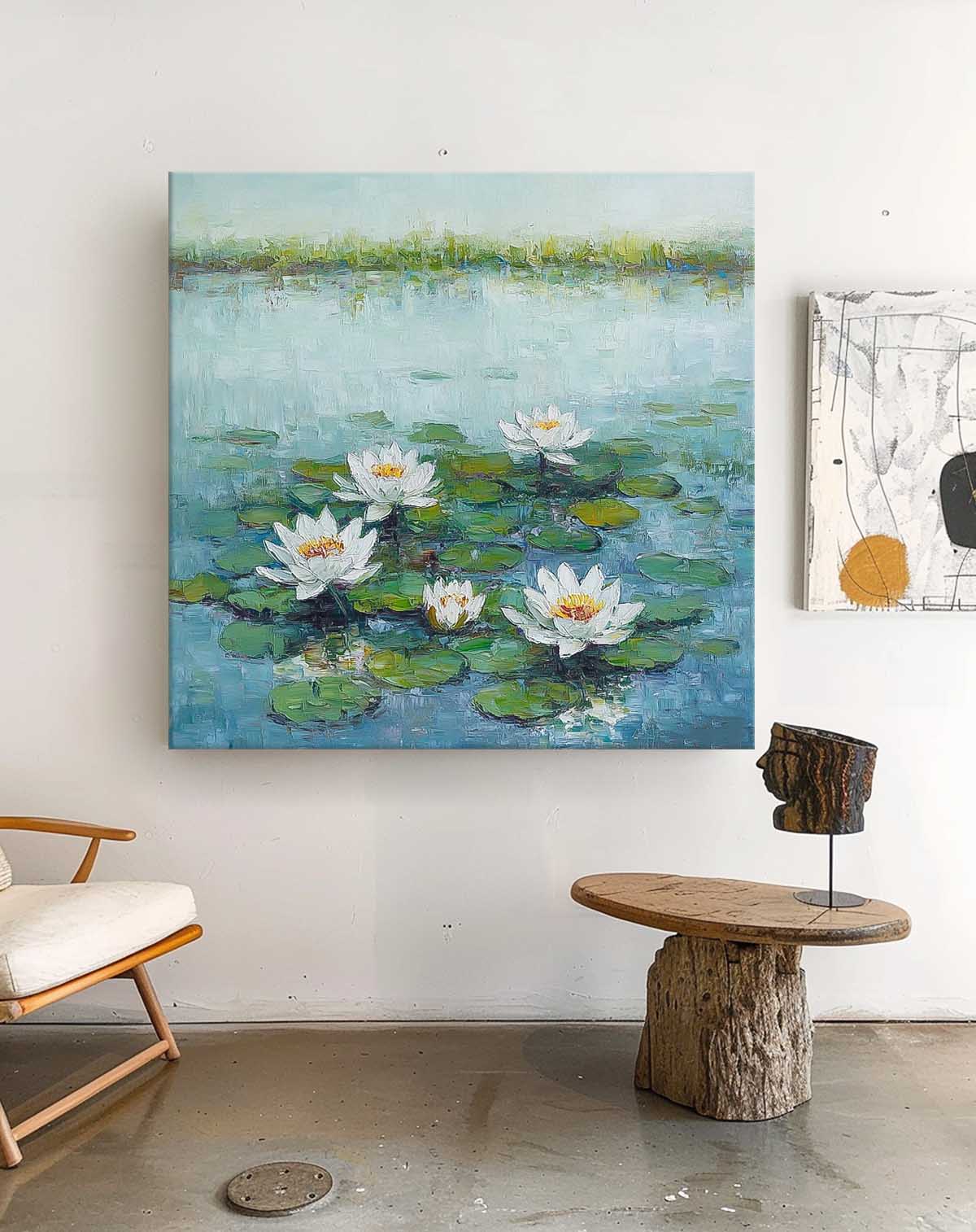 Large Textured Abstract Flower Paintings Square Contemporary White Lotus Floral Painting Original Artwork