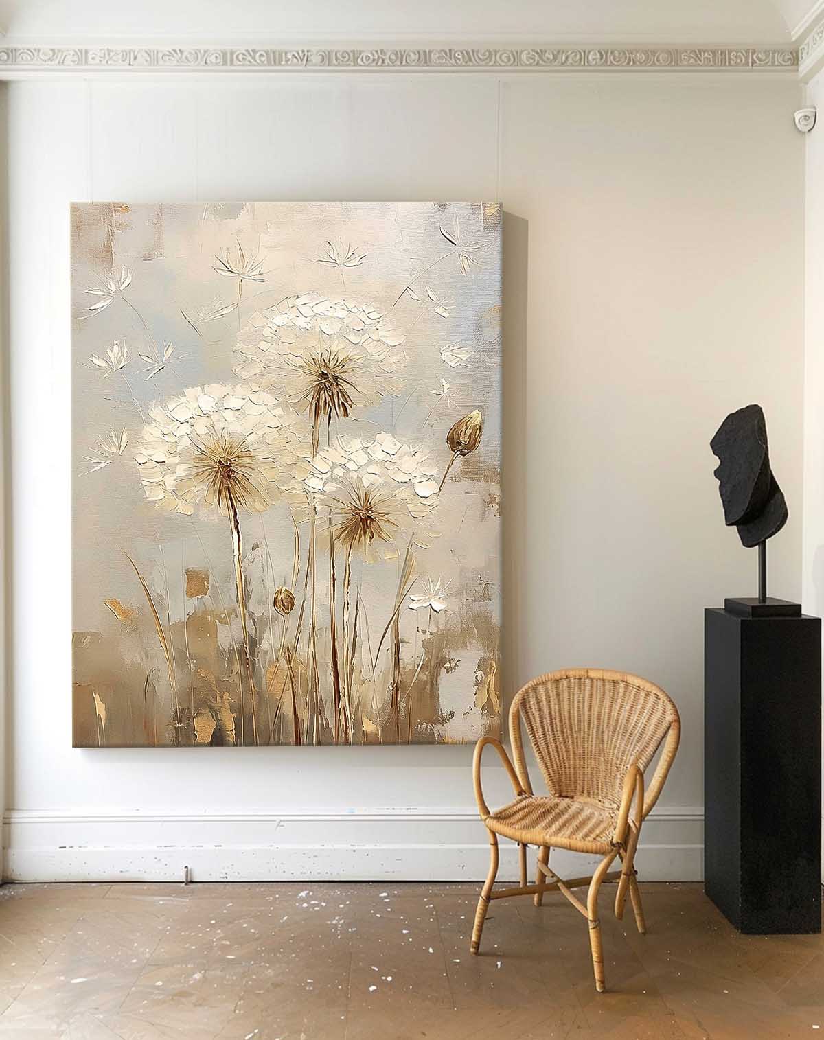 Abstract Flower Oil Painting on Canvas Delicate Dandelion Painting Wall Decor Large Original Texture Flowers Art