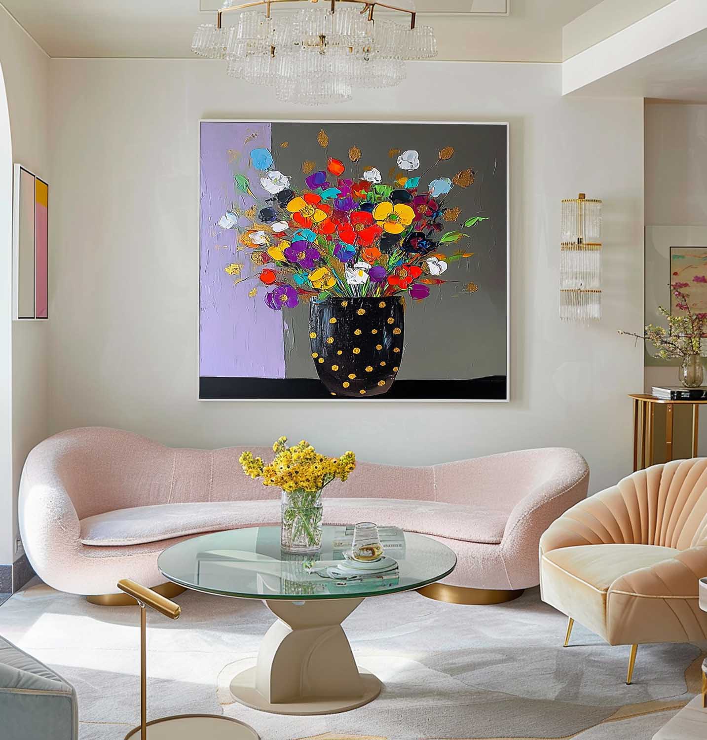Large Color Handmade Wall Art Original Flower Square Vase Artwork Floral Texture Painting on Canvas