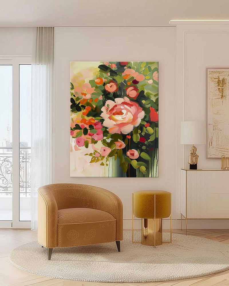 Original Pink Flower Wall Art Abstract Boho Modern Floral Acrylic Painting On Canvas Living Room Wall Decor