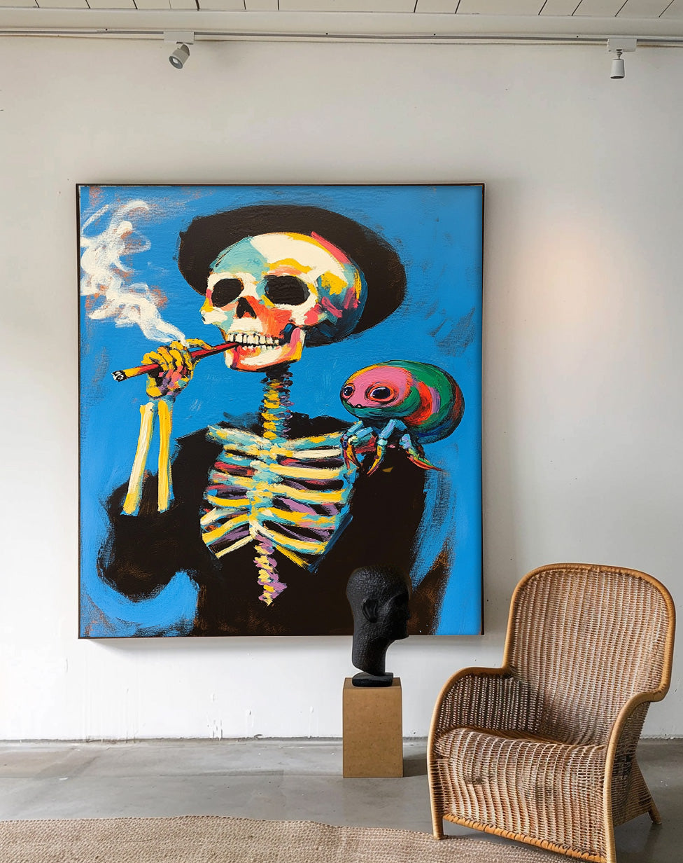 Large Acrylic Painting Framed Lovely Skeleton Painting Colorful Original Abstract Wall Art Unique Home Decor