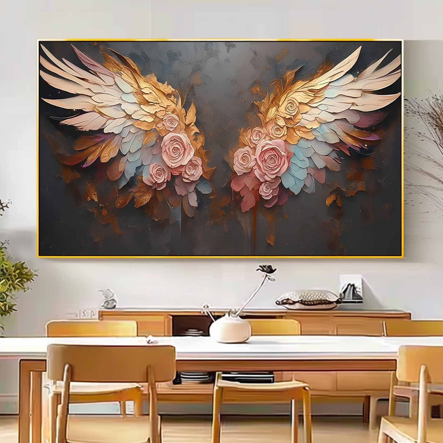 Original Abstract Angel Wing Oil Painting On Canvas Big Wing Flower Boho Artwork For Living Room Decor Gift