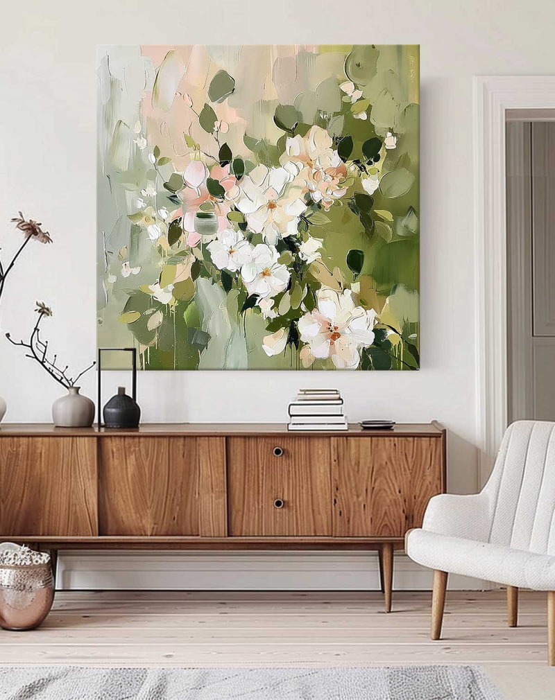 Square Original  Fresh White Flowers Painting Large Green Acrylic Painting Modern Floral Oil Painting On Canvas