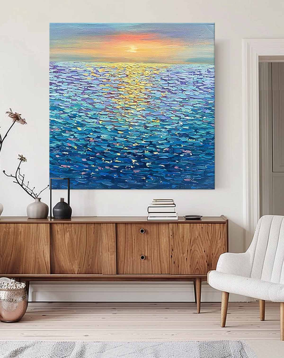 Large Blue Sea Surface Wall Art Modern Oil Painting Abstract Sunset Texture Acrylic Painting Home Decoration