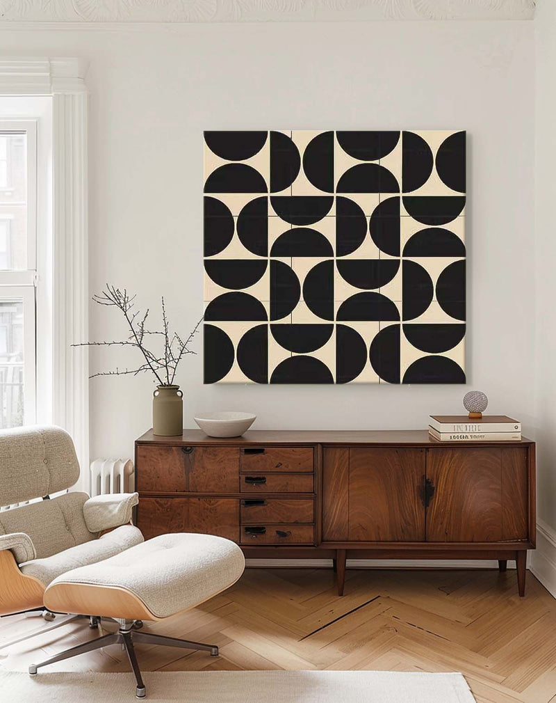 Black Geometry Modern Minimalist Canvas Acrylic Painting Large Regular Semicircle Abstract Artwork