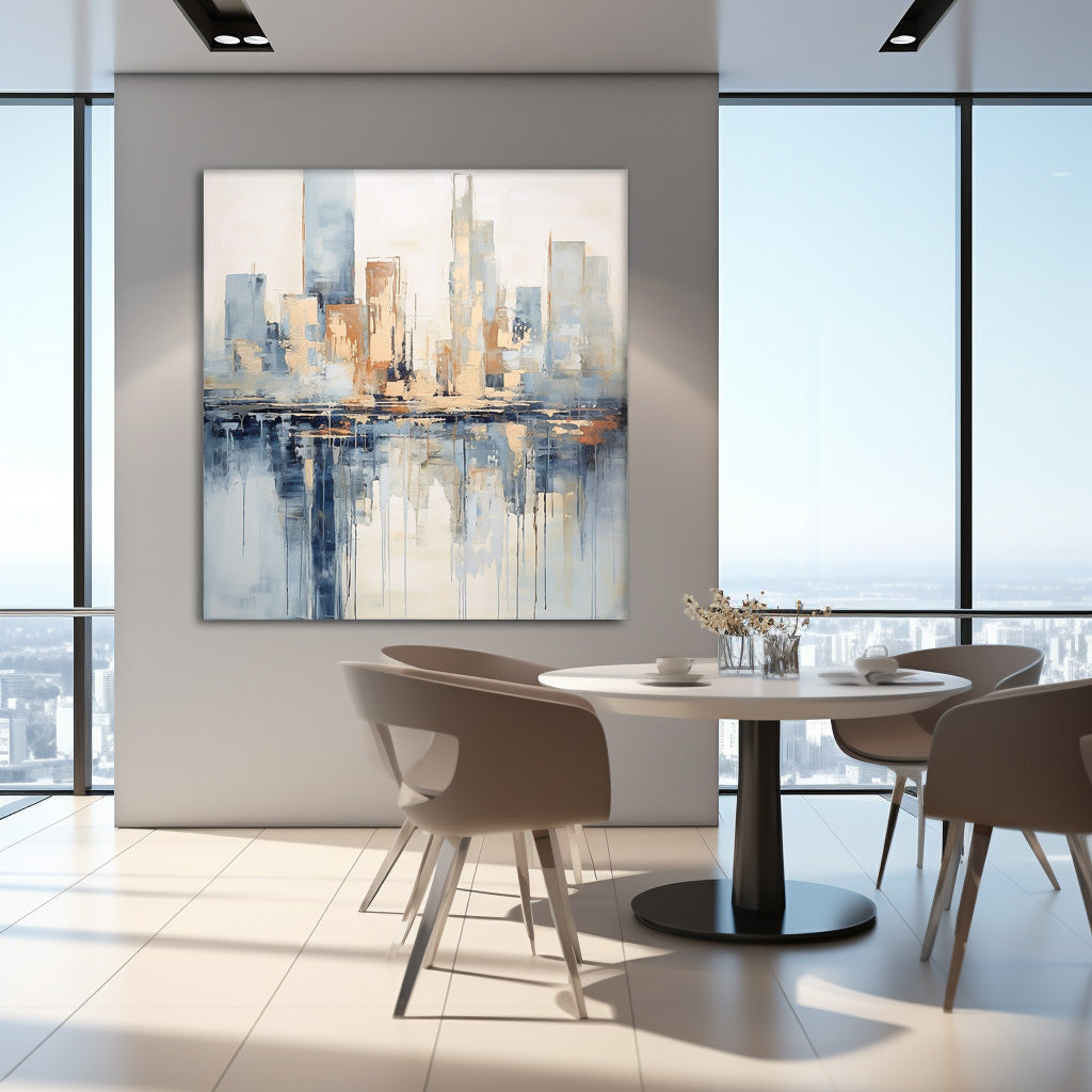Modern Abstract Cityscape Oil Painting Large Texture Painting On Canvas Blue and Beige Wall Art Home Decor