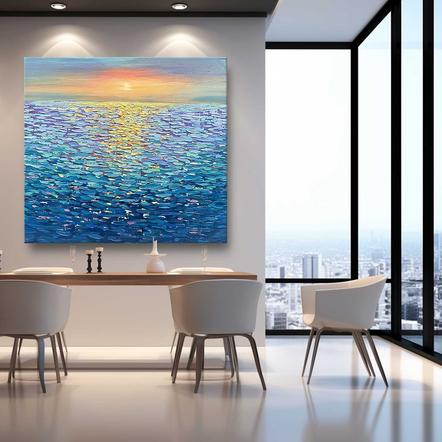 Large Blue Sea Surface Wall Art Modern Oil Painting Abstract Sunset Texture Acrylic Painting Home Decoration