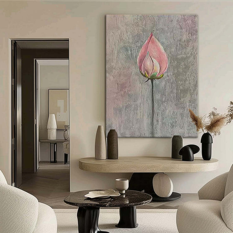 Lotus Bud Original Contemporary Flowers Artwork Abstract Grey And Pink Flower Oil Painting On Canvas