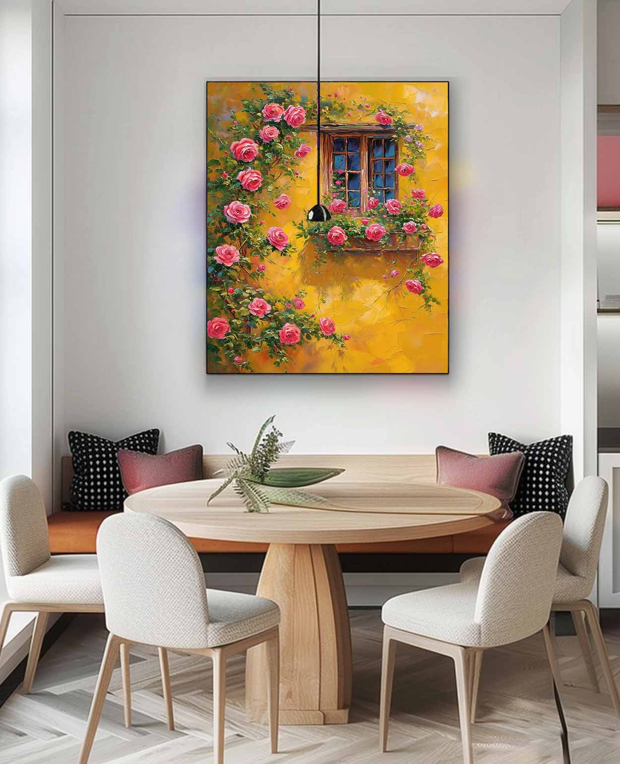Flowers And Yellow Building Acrylic Painting Canvas Large Textured Art Original Floral Painting Home Decor