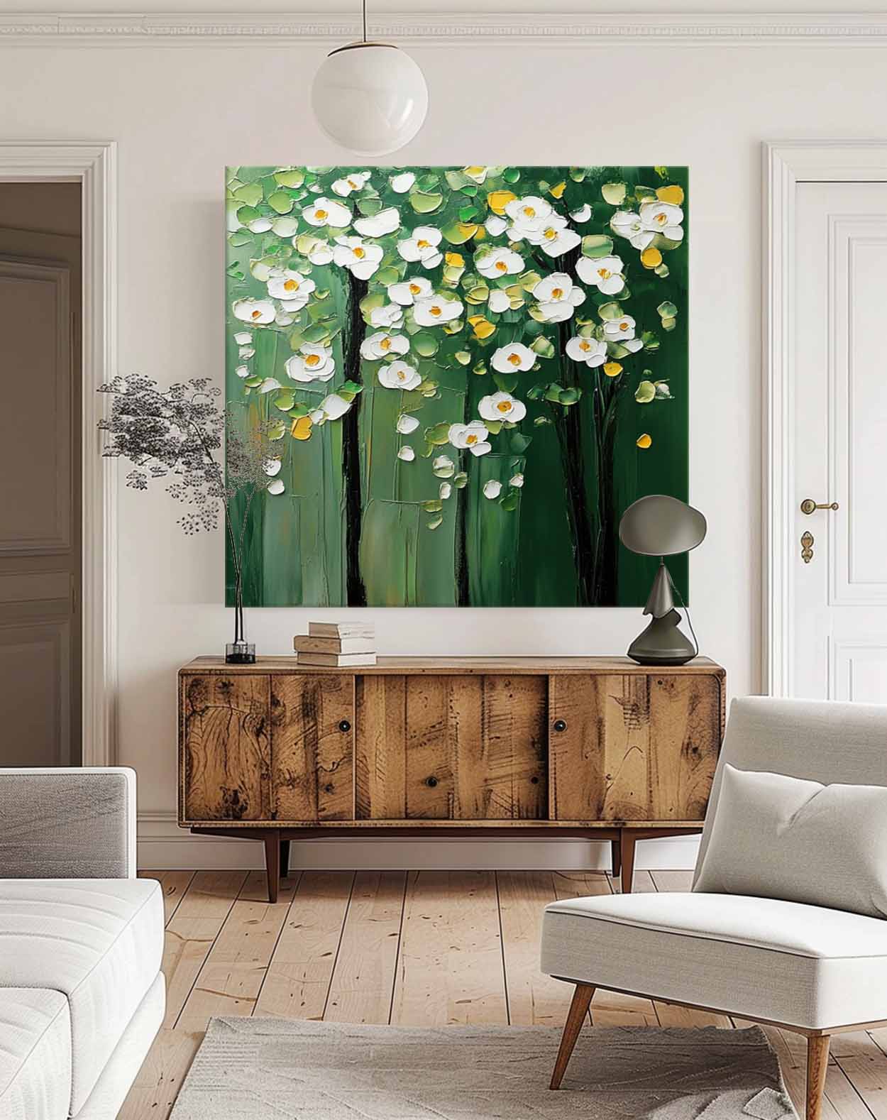 Modern White Floral Wall Art Original Green Beautifu Art Large Textured Flower Painting Framed Home Decor