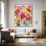 Affordable Abstract Yellow And Red Roses Acrylic  Painting On Canvas Contemporary Wall Art For Living Room