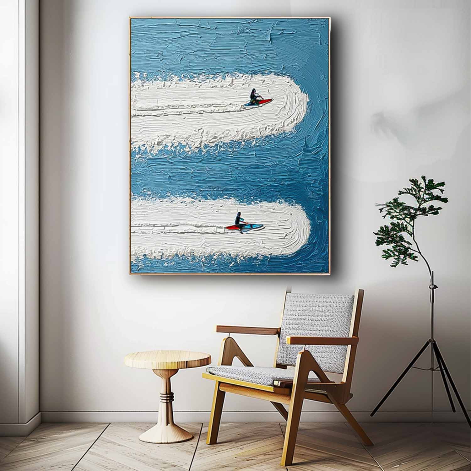Minimalist Surfing Art Contemporary Ocean Painting Abstract Surfer Landscape Blue Ocean Wall Art Decor