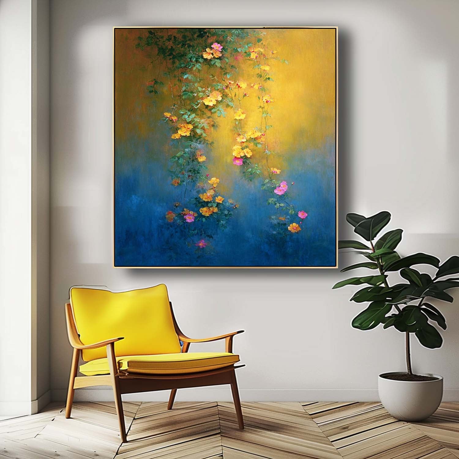 Abstract Bohemian Floral Oil Painting Hanging Vine Yellow Pink Flowers Canvas Wall Art Living Room Decor
