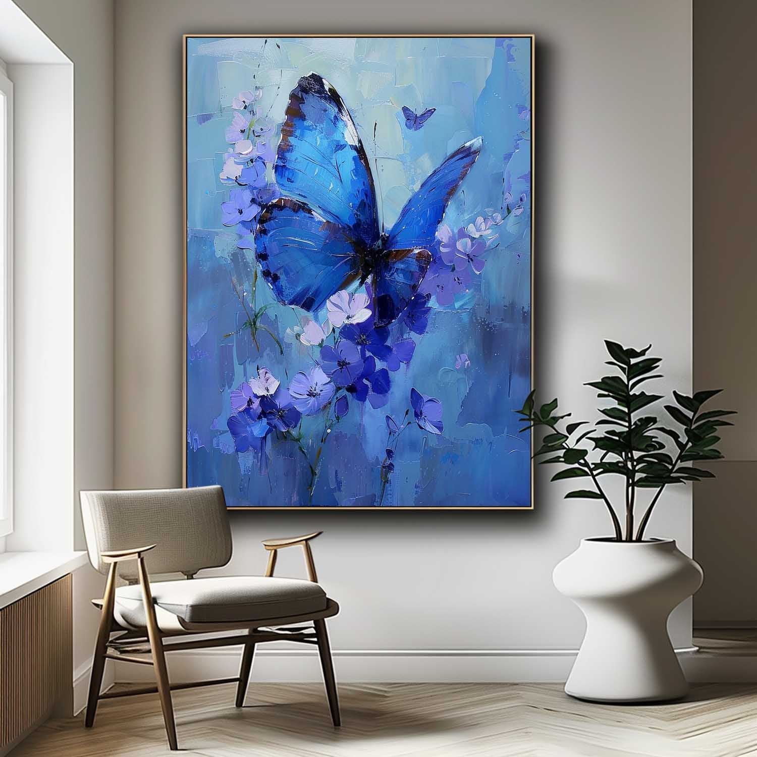 Original Artwork Impressionist Butterfly Wall Art Blue Oil Painting Modern Texture Oil Painting Decor