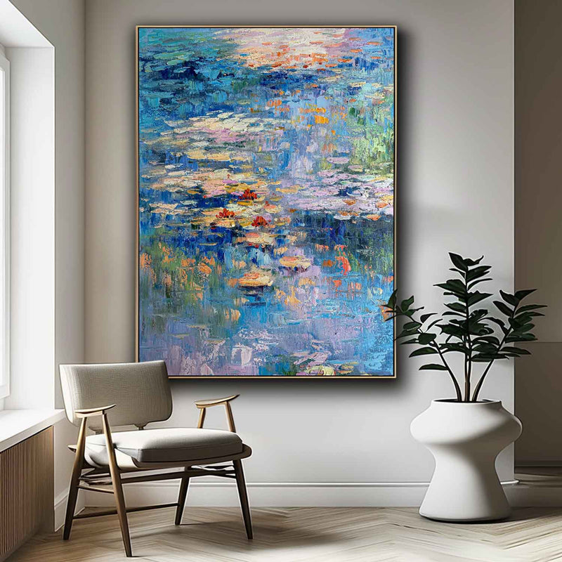 Flowers On The Lake Textured Abstract Wall Art Impressionism River Abstract Painting Framed Home Decor