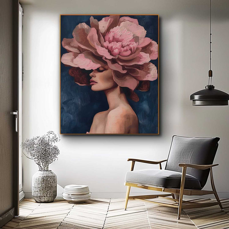Large Portrait Painting Original Wall Art Abstract beautiful Peony Painting Colorful Faceless Artwork Home Decor