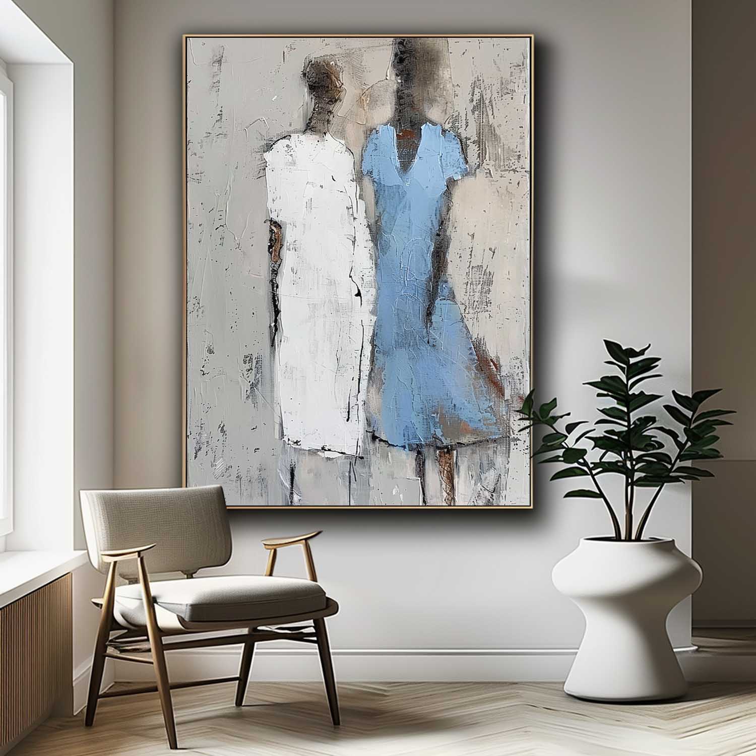 Minimalism Figure Acrylic Painting Original Portrait Wall Art Blue Abstract Oil Painting Canvas Home Decor