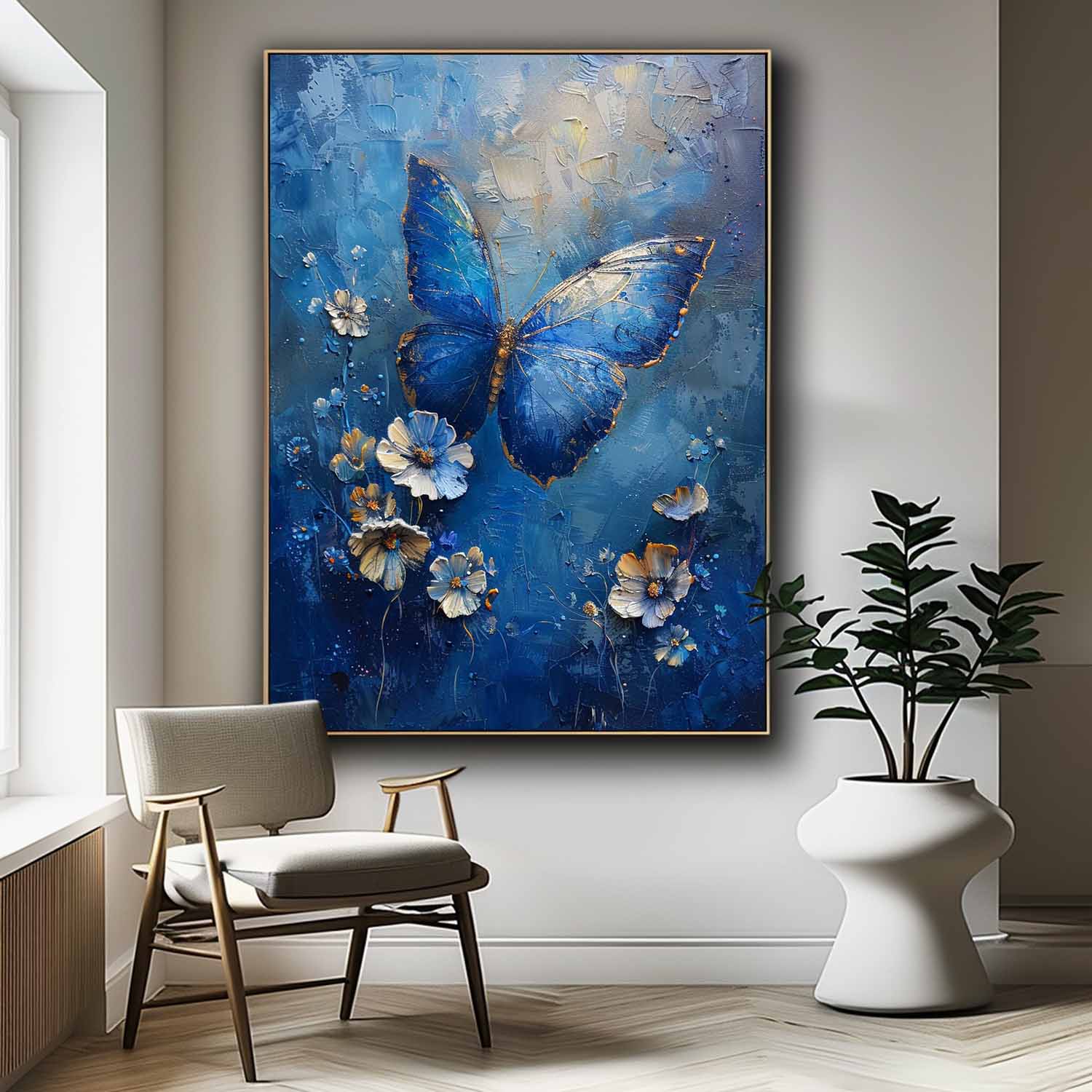 Blue Oil Painting Modern Texture Oil Painting Impressionist Butterfly Wall Art Original Artwork Decor