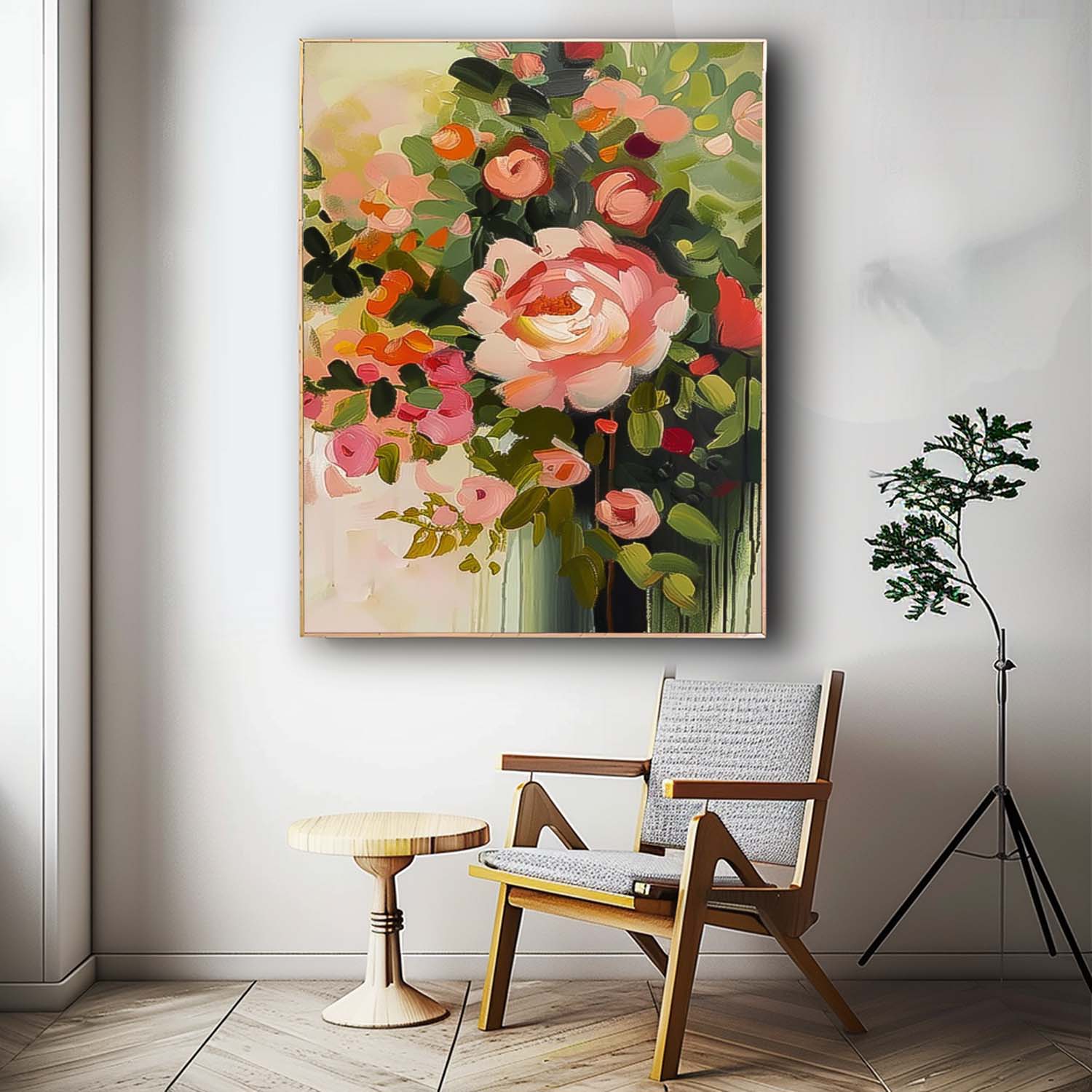Original Pink Flower Wall Art Abstract Boho Modern Floral Acrylic Painting On Canvas Living Room Wall Decor