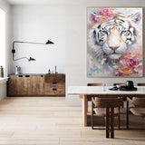 Impressionist White Tiger Oil Painting Textured Flowers And Tiger Canvas Wall Art Modern Animal Oil Painting Framed Living Room Decor